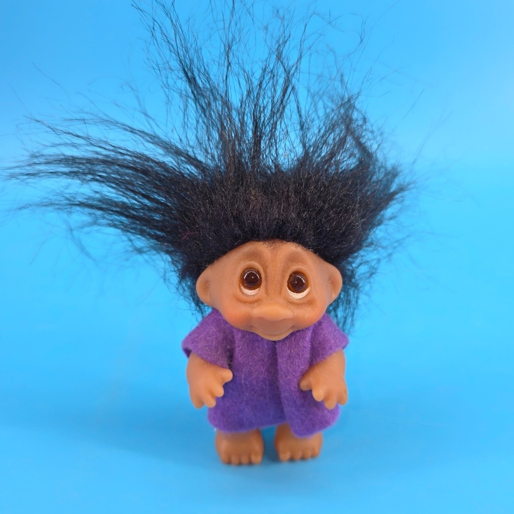 Vintage 1985 DAM Troll‎ Doll Black Hair Purple Outfit 3 inch Collectible Figure